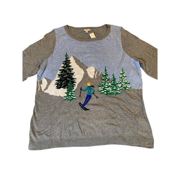 Talbots Women’s Sweater Plus 1X Gray Skiing Girl Scene Round Neck Pullover NWT - Picture 3 of 6